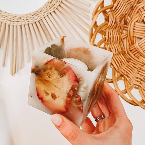 Boho Dried Floral Resin Mini Square Candle Holder
